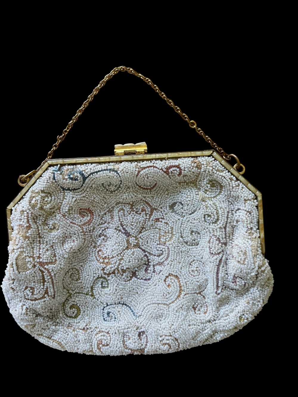 Royal Bags Vintage Micro Beaded White Floral Clutch with Gold Chain Handle 1920s